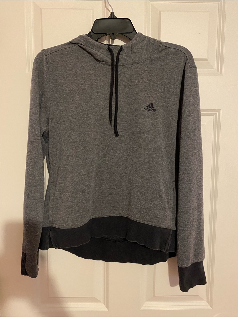 Adidas gray black hoodie with pockets and thumb holes, size medium